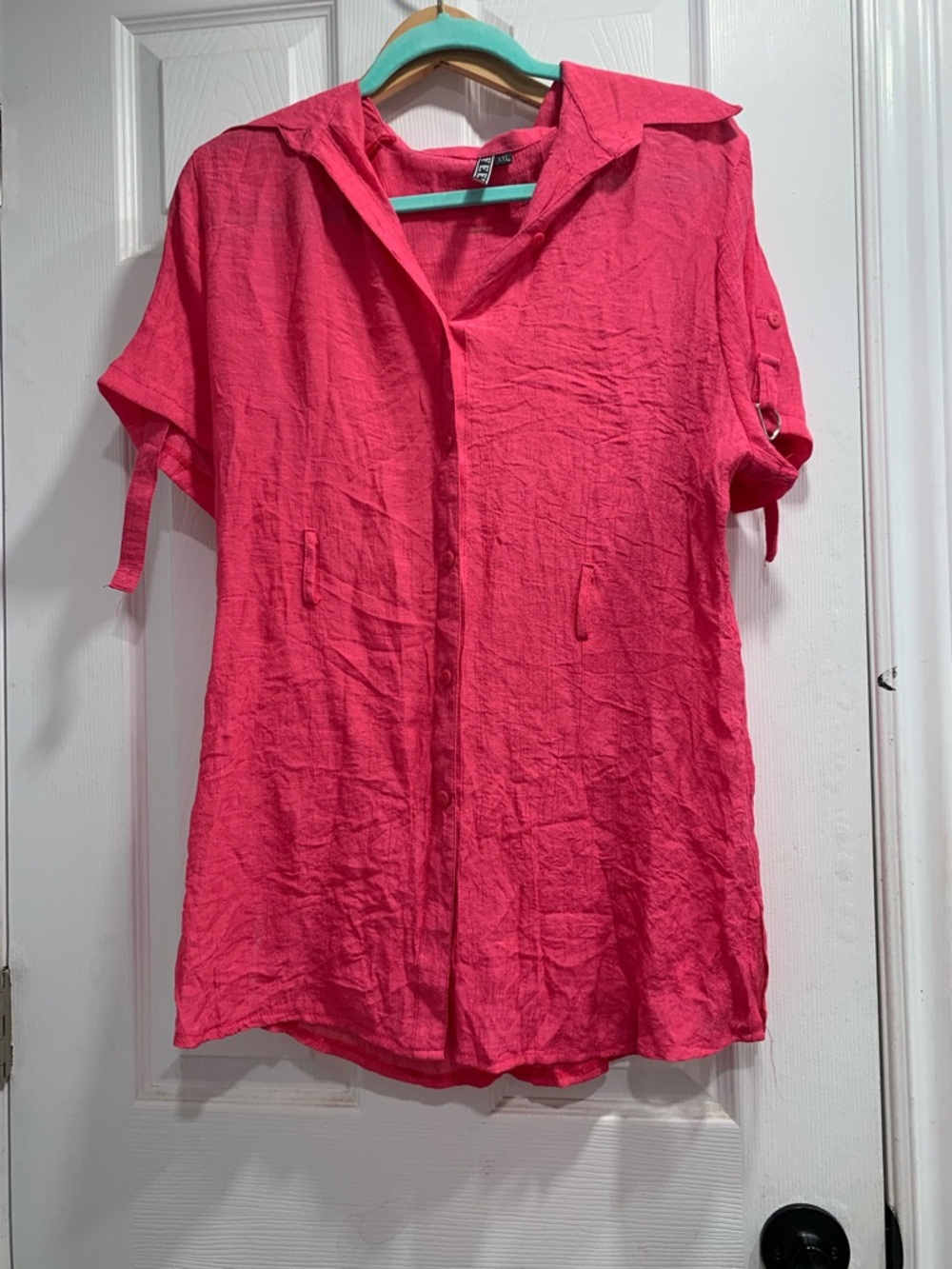 Bright Pink Button-Front Short Sleeve Blouse with Tie Sleeves